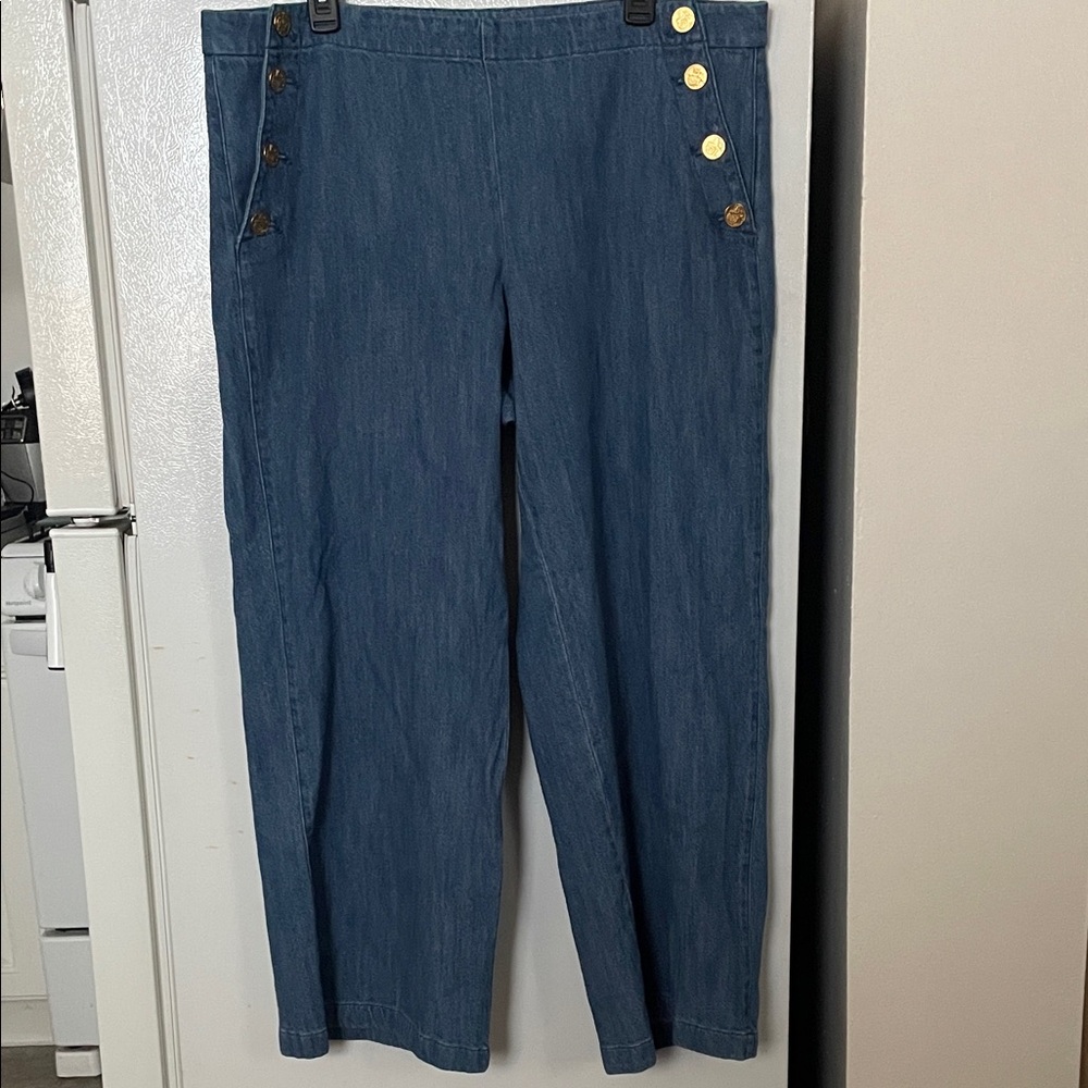 J.Crew Women’s Size 16 NWT Denim Blue Trousers Gold Accent Functional Buttons